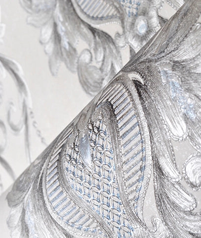 Tapiz Con Textura Damasco Plata Semi Metálico