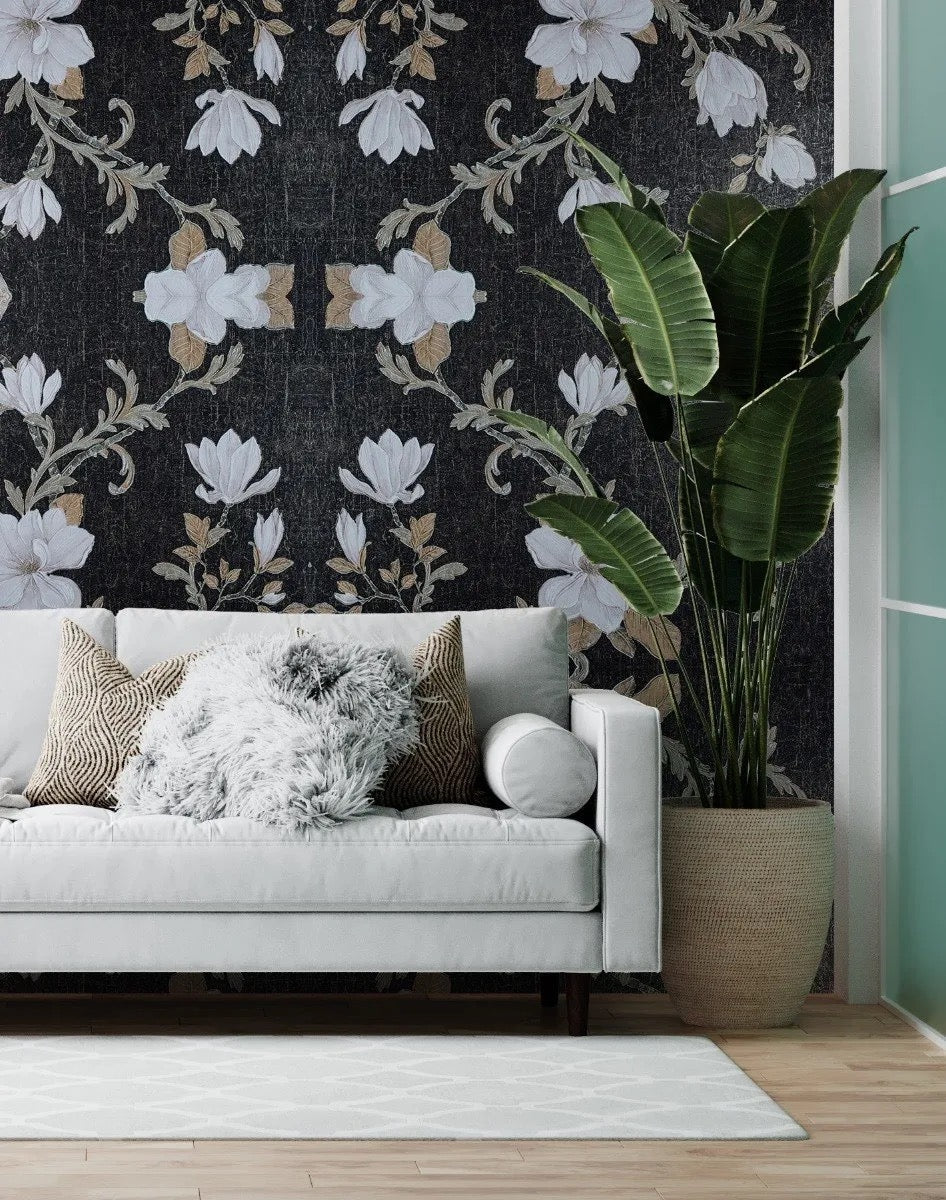 Papel Tapiz Vintage Floral Negro/Dorado