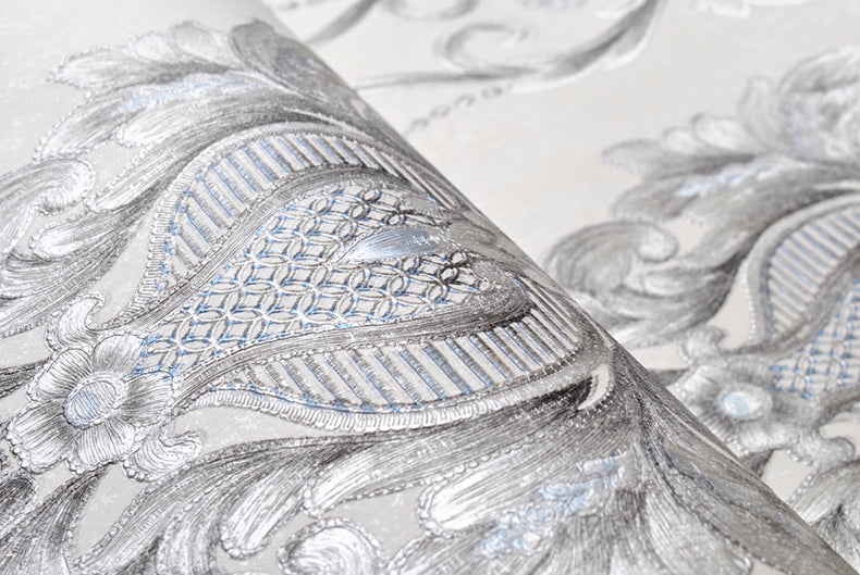 Tapiz Con Textura Damasco Plata Semi Metálico