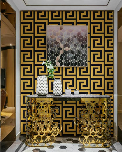 Tapiz Con Geométrico Grecas Negras y Amarillas