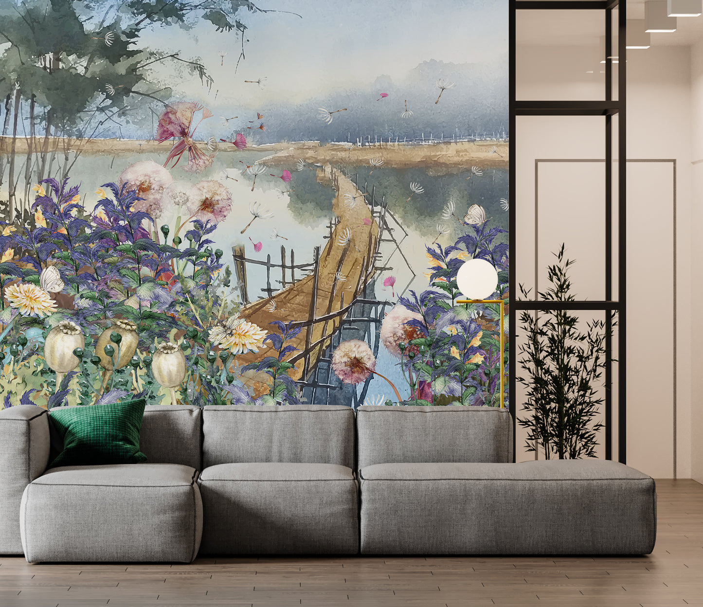 Europrint Acuarela Flores y Puente en el Lago