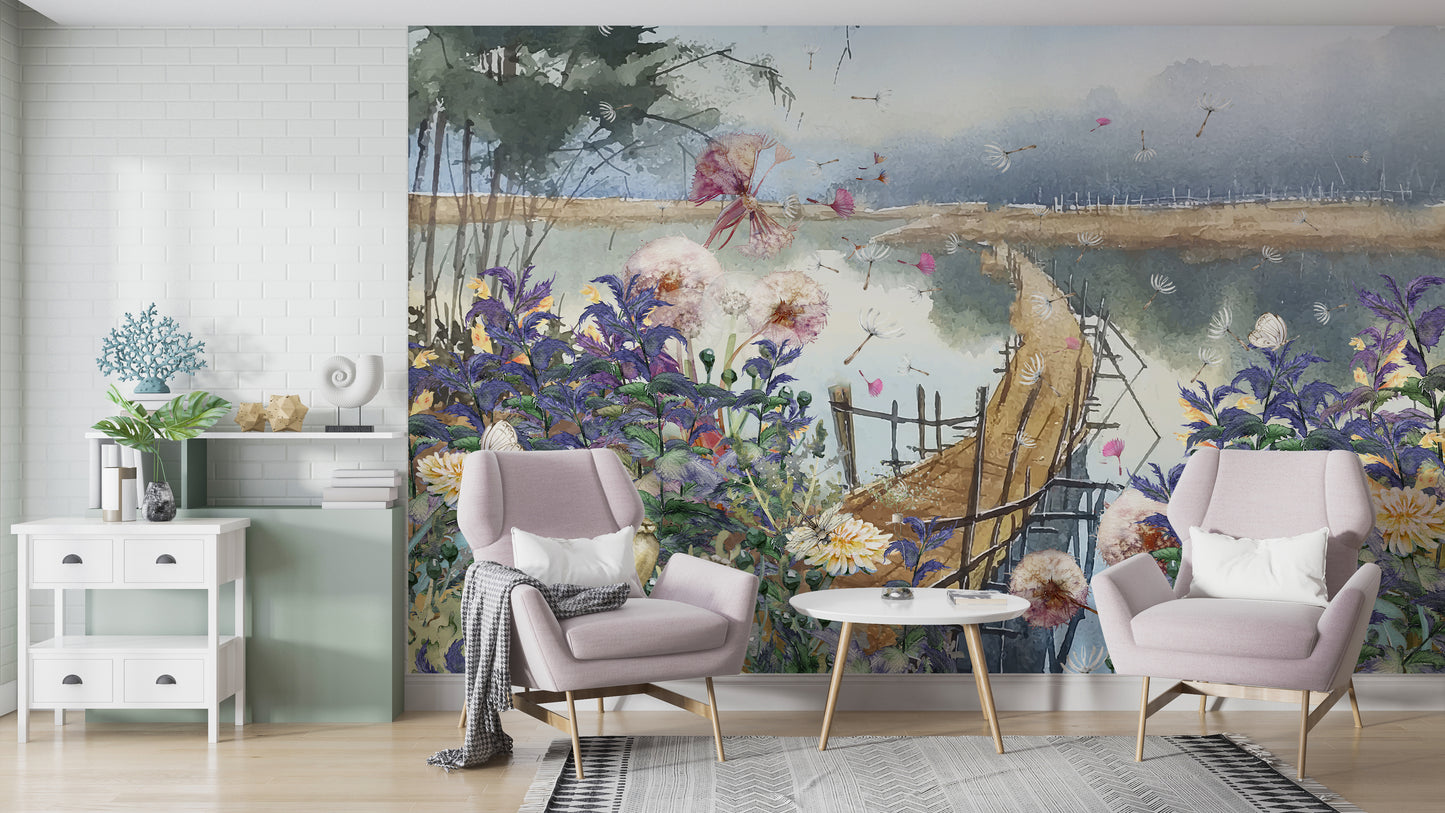 Europrint Acuarela Flores y Puente en el Lago