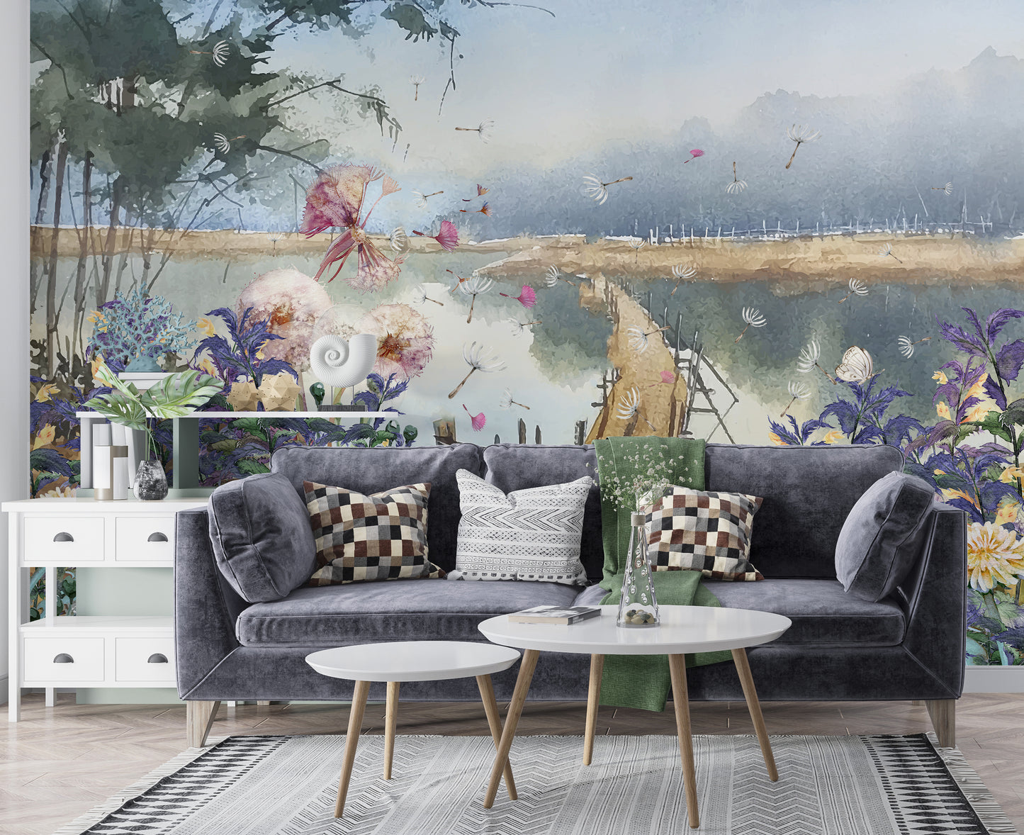 Europrint Acuarela Flores y Puente en el Lago