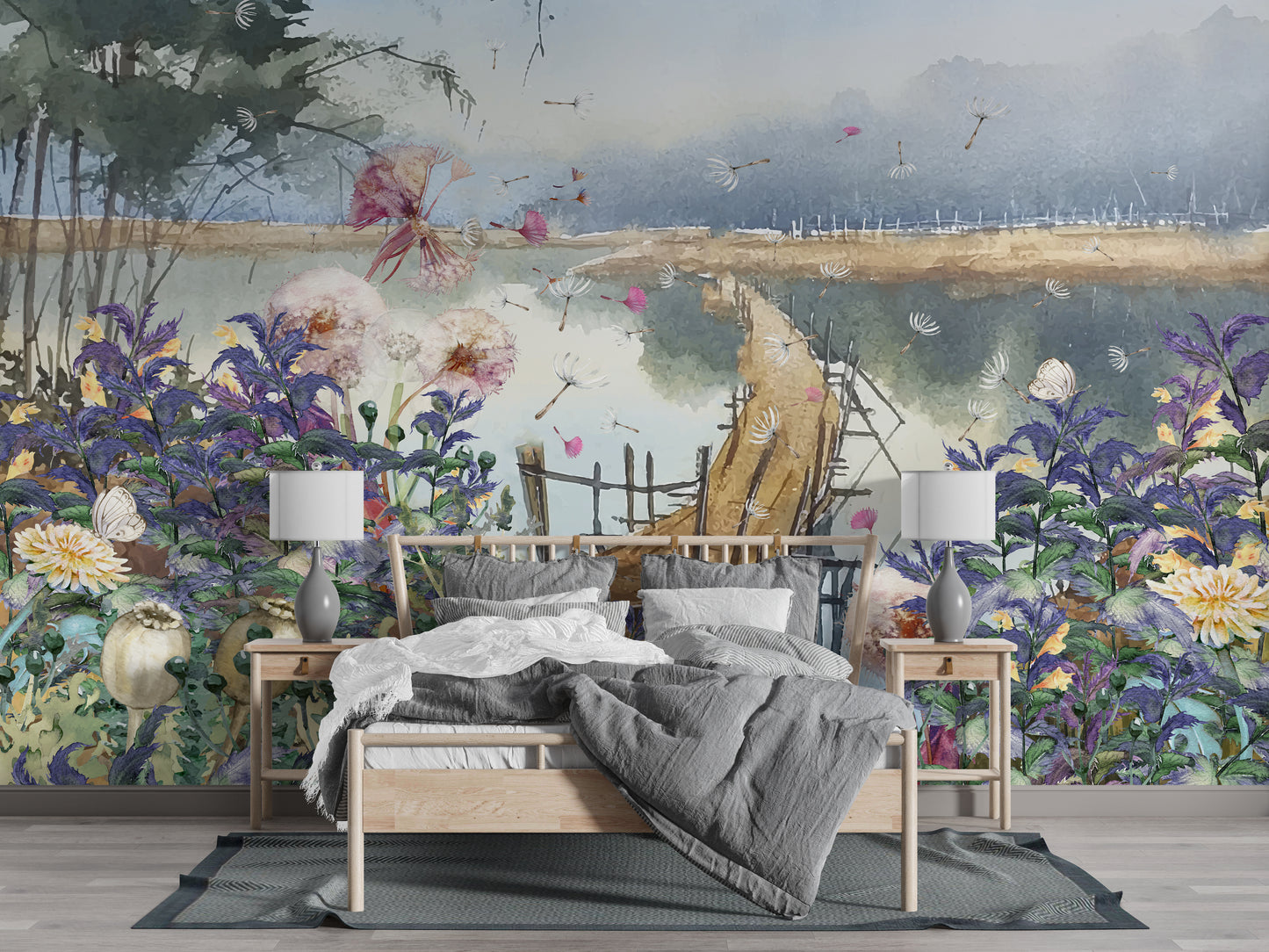 Europrint Acuarela Flores y Puente en el Lago