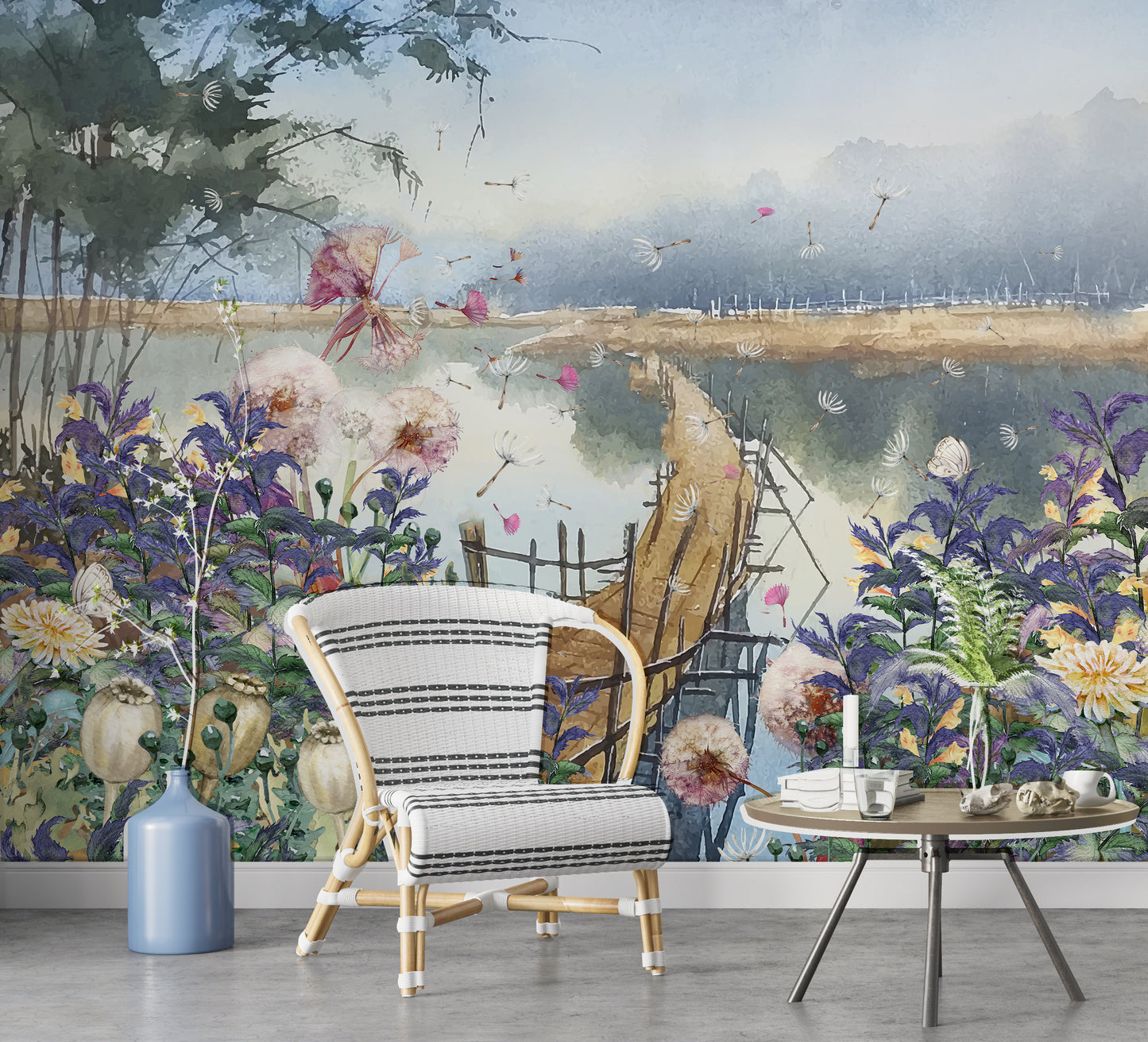 Europrint Acuarela Flores y Puente en el Lago