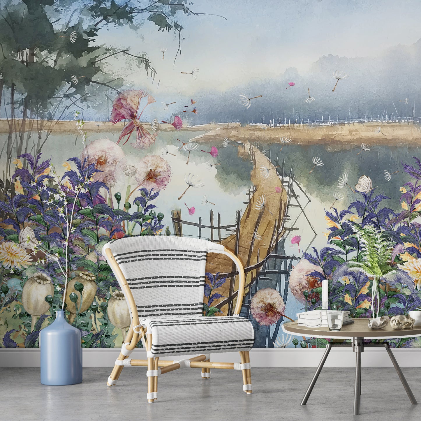 Europrint Acuarela Flores y Puente en el Lago