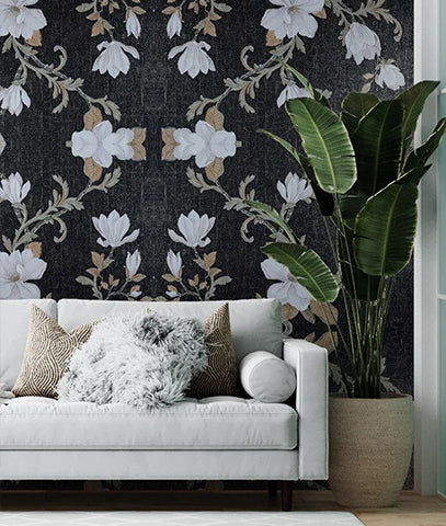 Papel Tapiz Vintage Floral Negro/Dorado