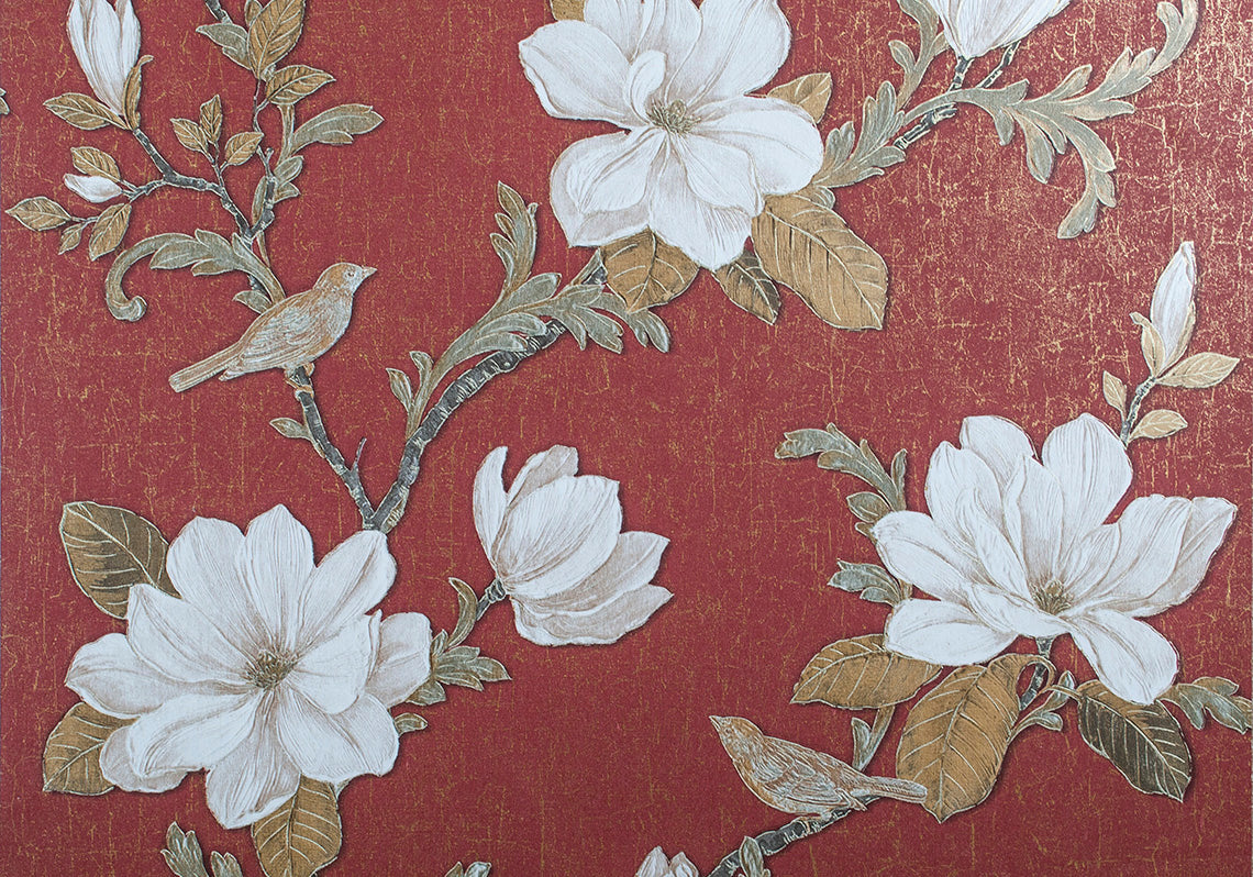 Papel Tapiz Vintage Floral Rojo/Dorado