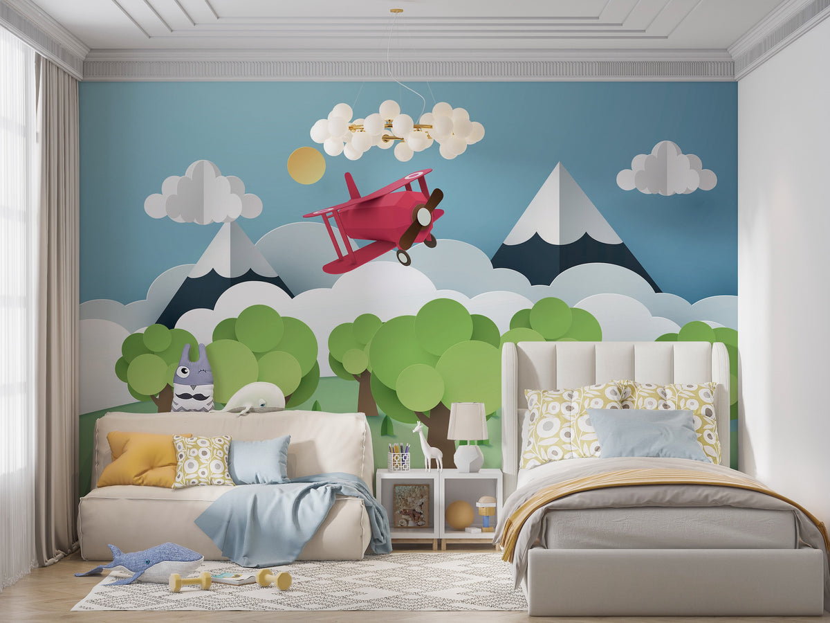 Paper-Cut Style Bi-Plane & Mountains