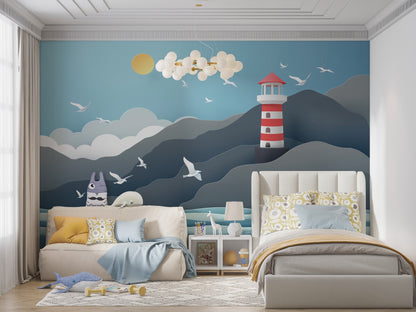 Paper-Cut Style Lighthouse & Seagulls