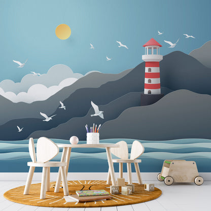 Paper-Cut Style Lighthouse & Seagulls