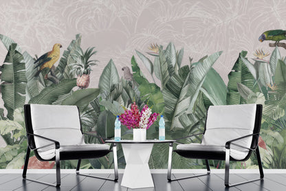 Paisaje Plantas Tropicales, Aves y Flamingos