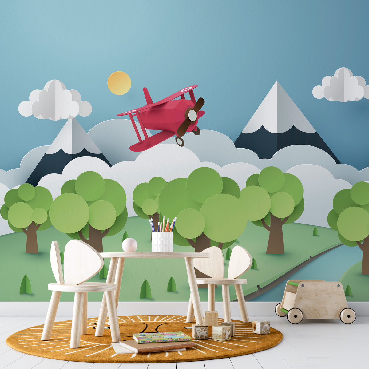 Paper-Cut Style Bi-Plane & Mountains