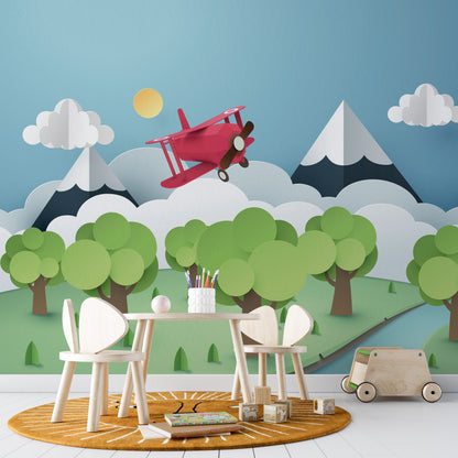 Paper-Cut Style Bi-Plane & Mountains