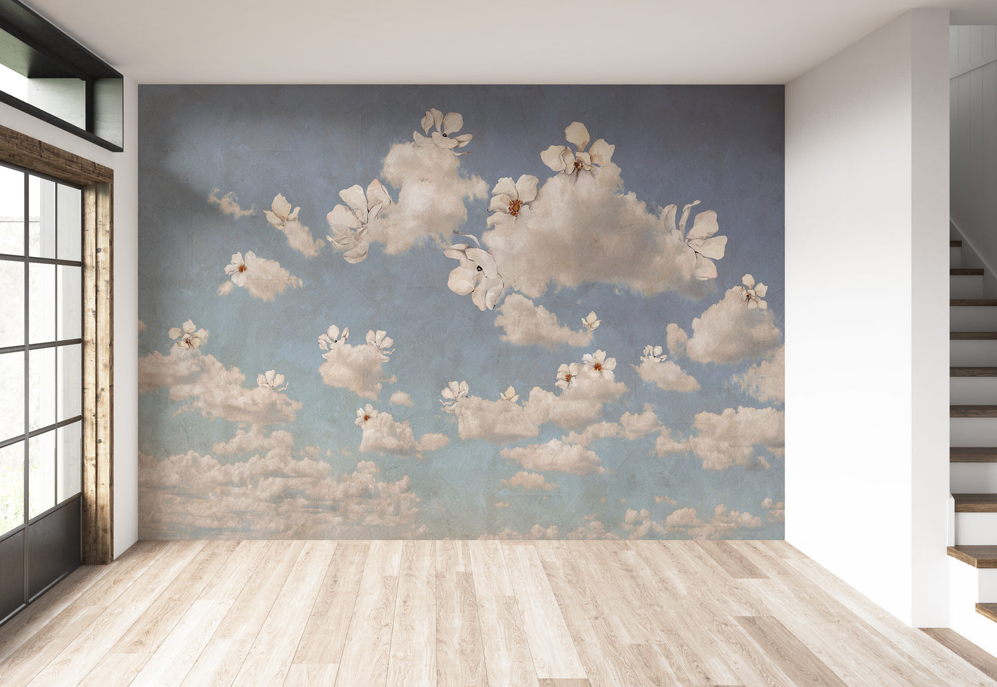 Pintura Rústica Flores y Nubes - Blue Sky