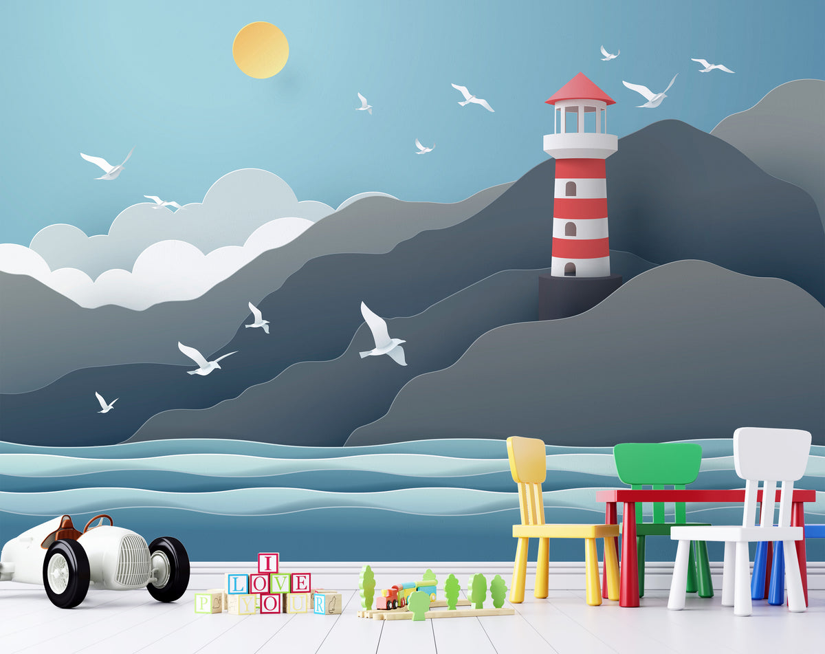 Paper-Cut Style Lighthouse & Seagulls