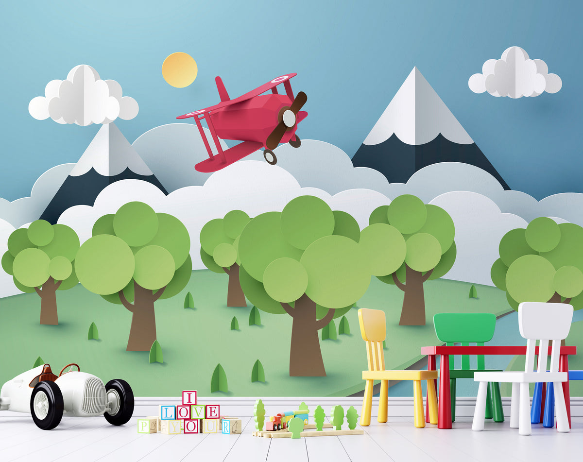 Paper-Cut Style Bi-Plane & Mountains