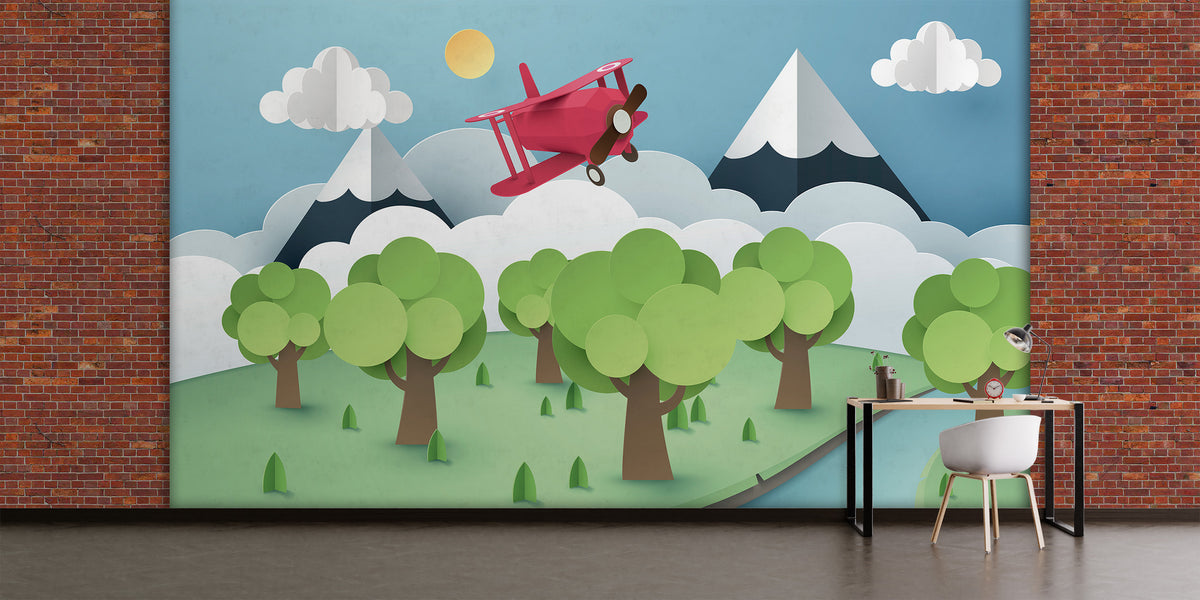 Paper-Cut Style Bi-Plane & Mountains