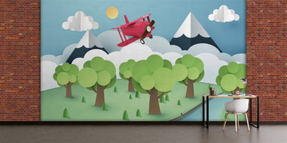 Paper-Cut Style Bi-Plane & Mountains