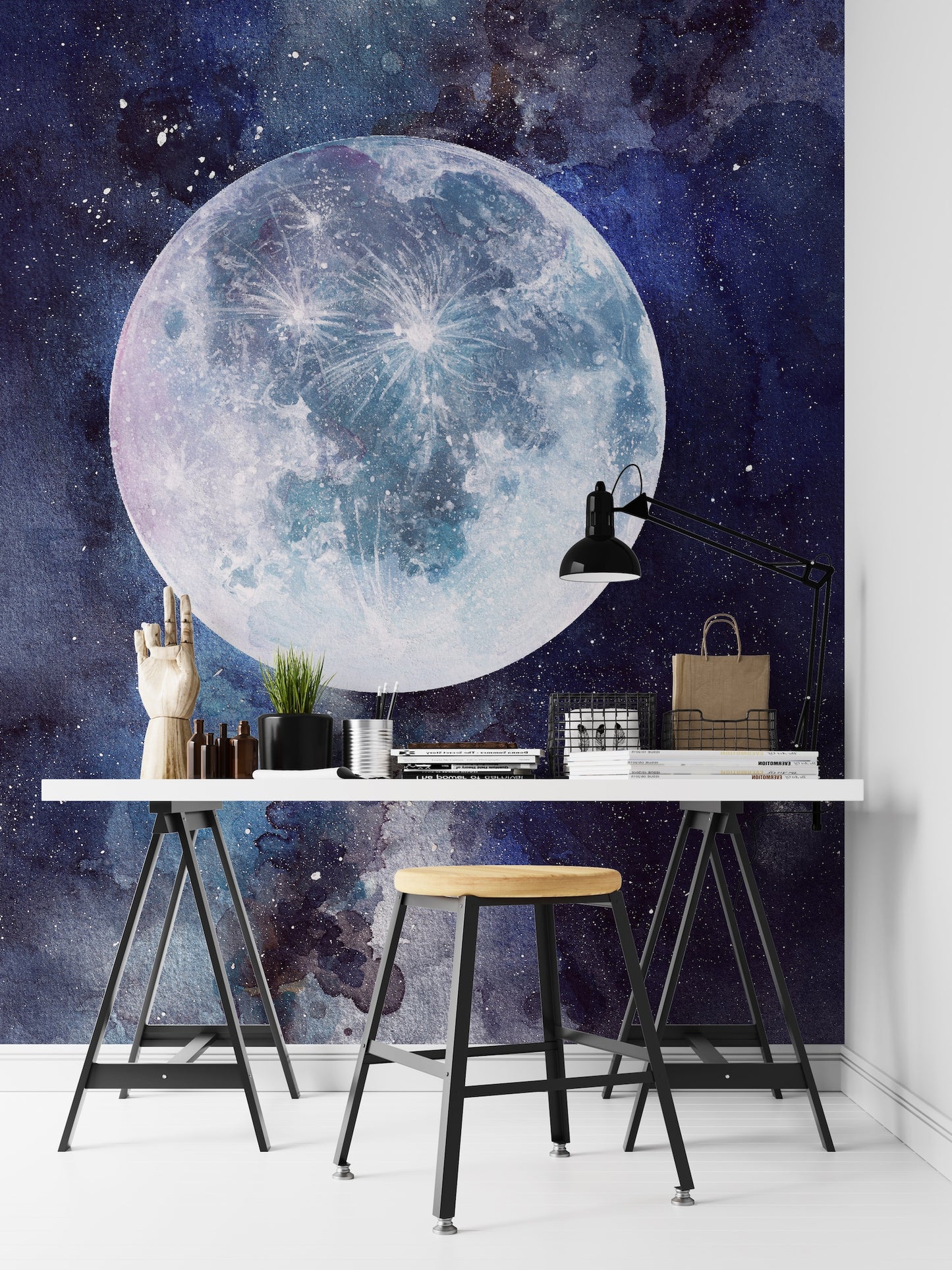 Luna y Espacio Estrellado Acuarela