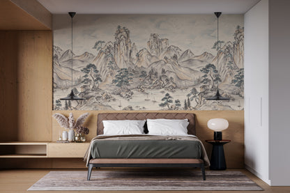 Paisaje Montañas y Pueblo Japonés