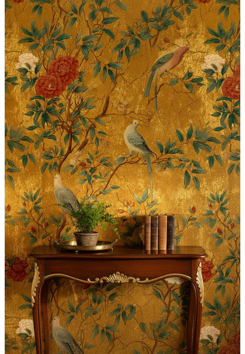 Oriental Old Gold Floral Birds
