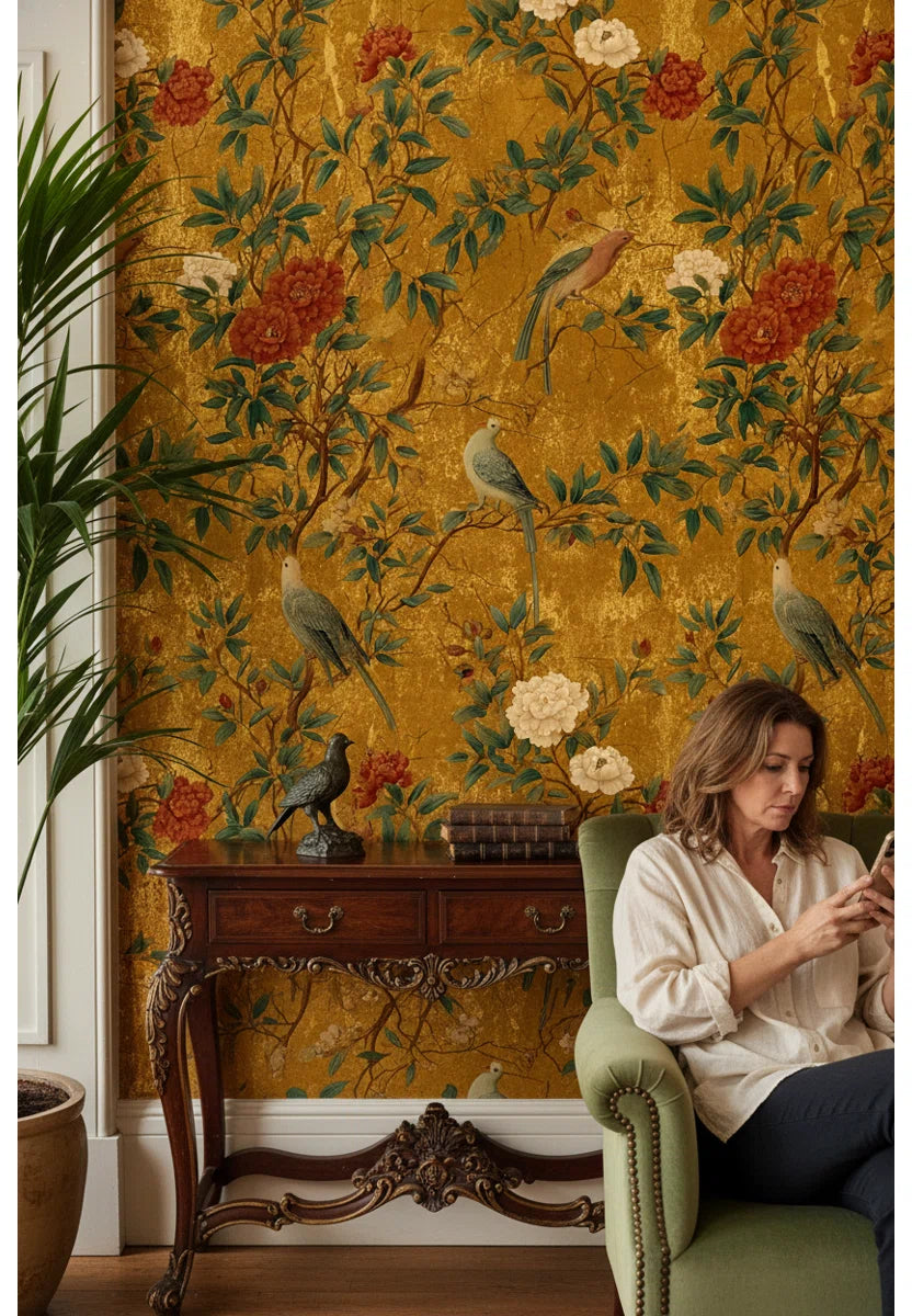 Oriental Old Gold Floral Birds