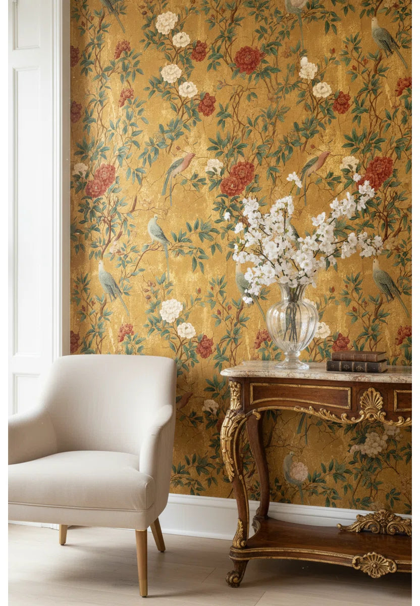 Oriental Old Gold Floral Birds