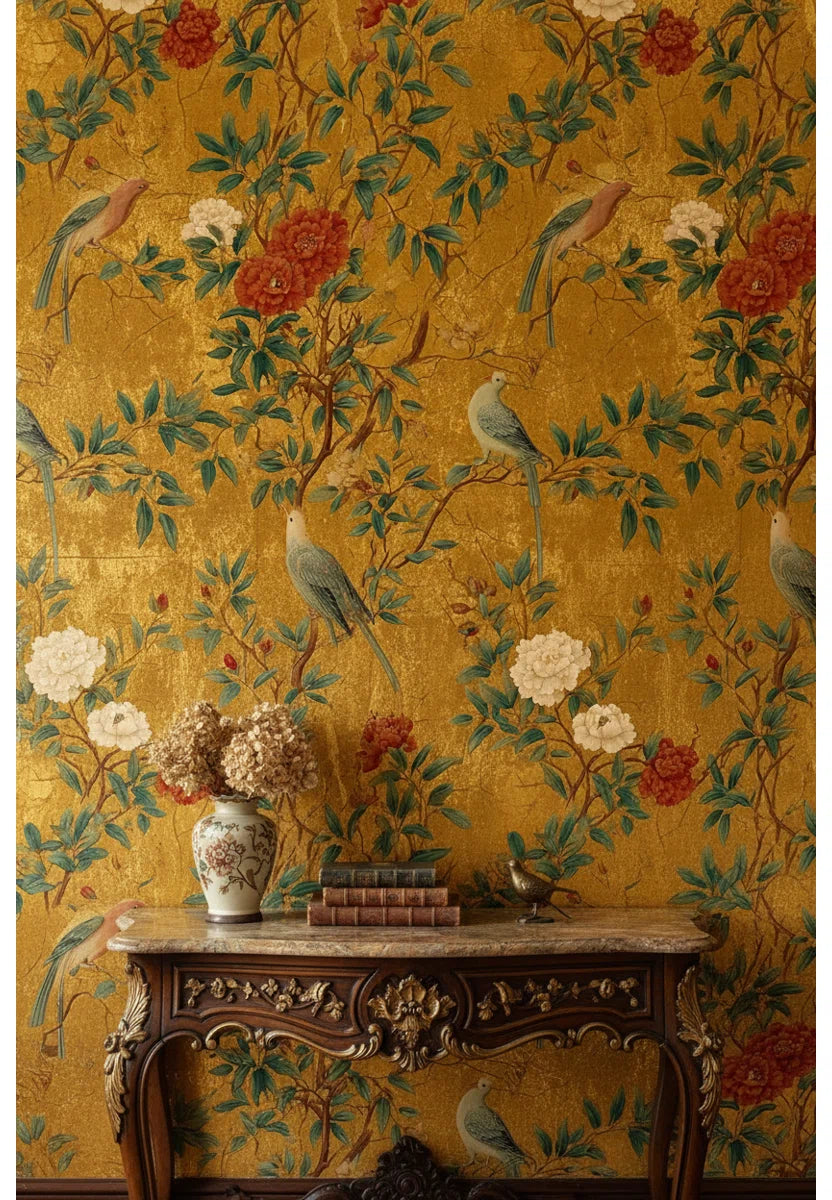 Oriental Old Gold Floral Birds