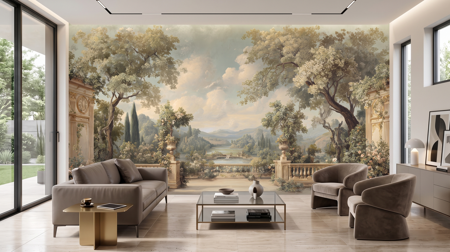 Pintura Al Fresco Villa Italiana y Lago
