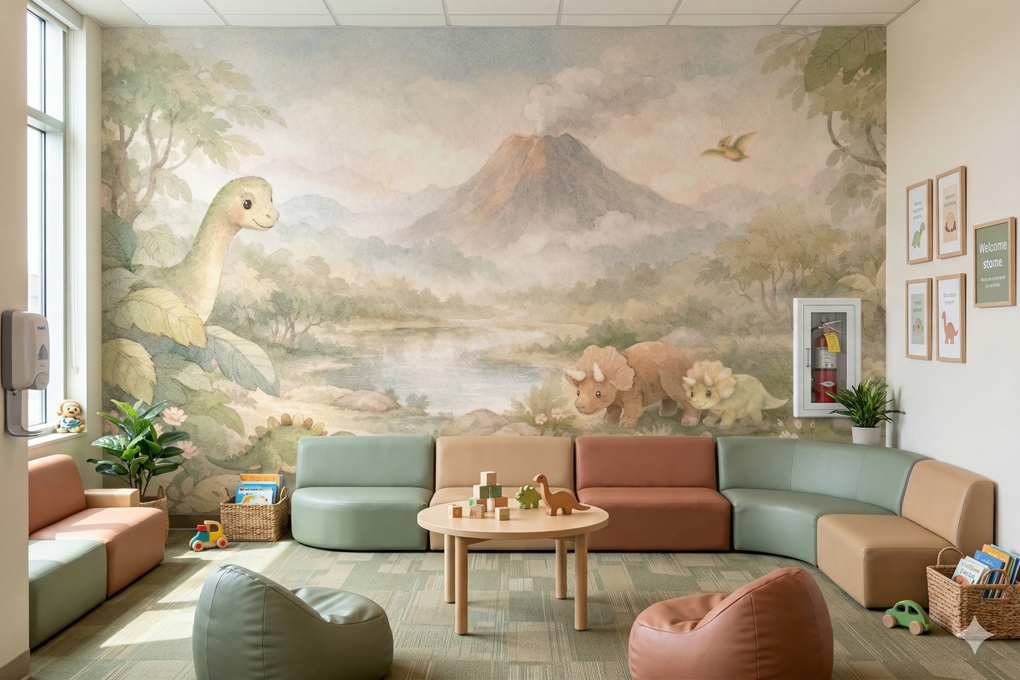 Acuarela Dinosaurios y Volcán