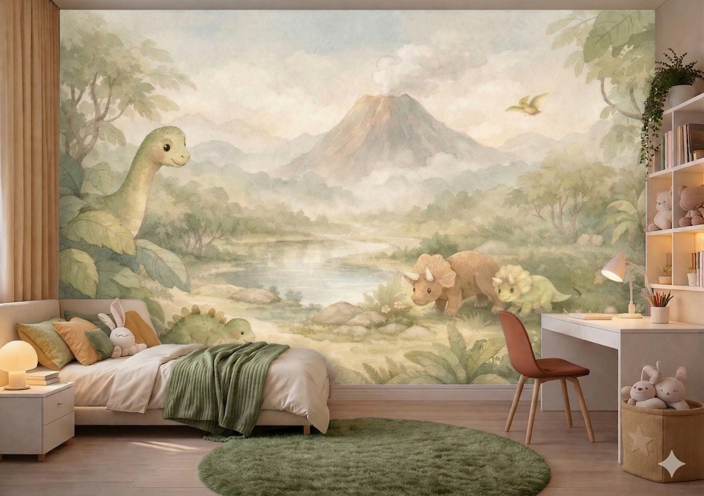 Acuarela Dinosaurios y Volcán