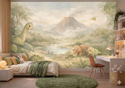 Acuarela Dinosaurios y Volcán
