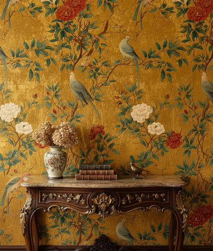 Oriental Old Gold Floral Birds