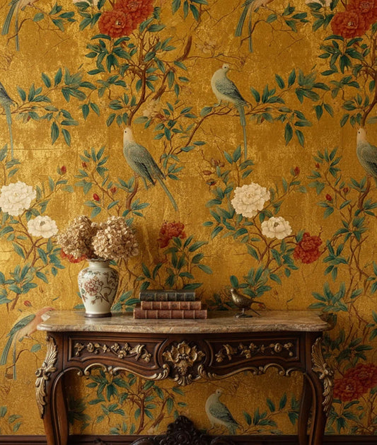 Oriental Old Gold Floral Birds