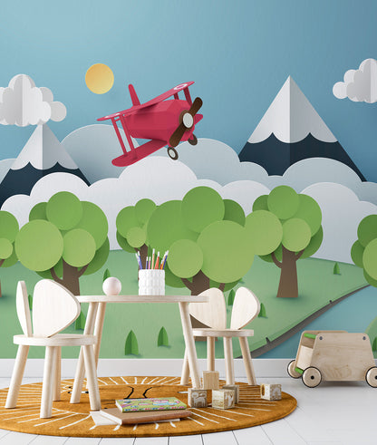 Paper-Cut Style Bi-Plane & Mountains