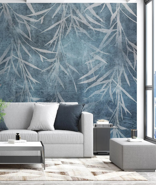 Hojas Tropicales Grises Sobre Fondo Azul