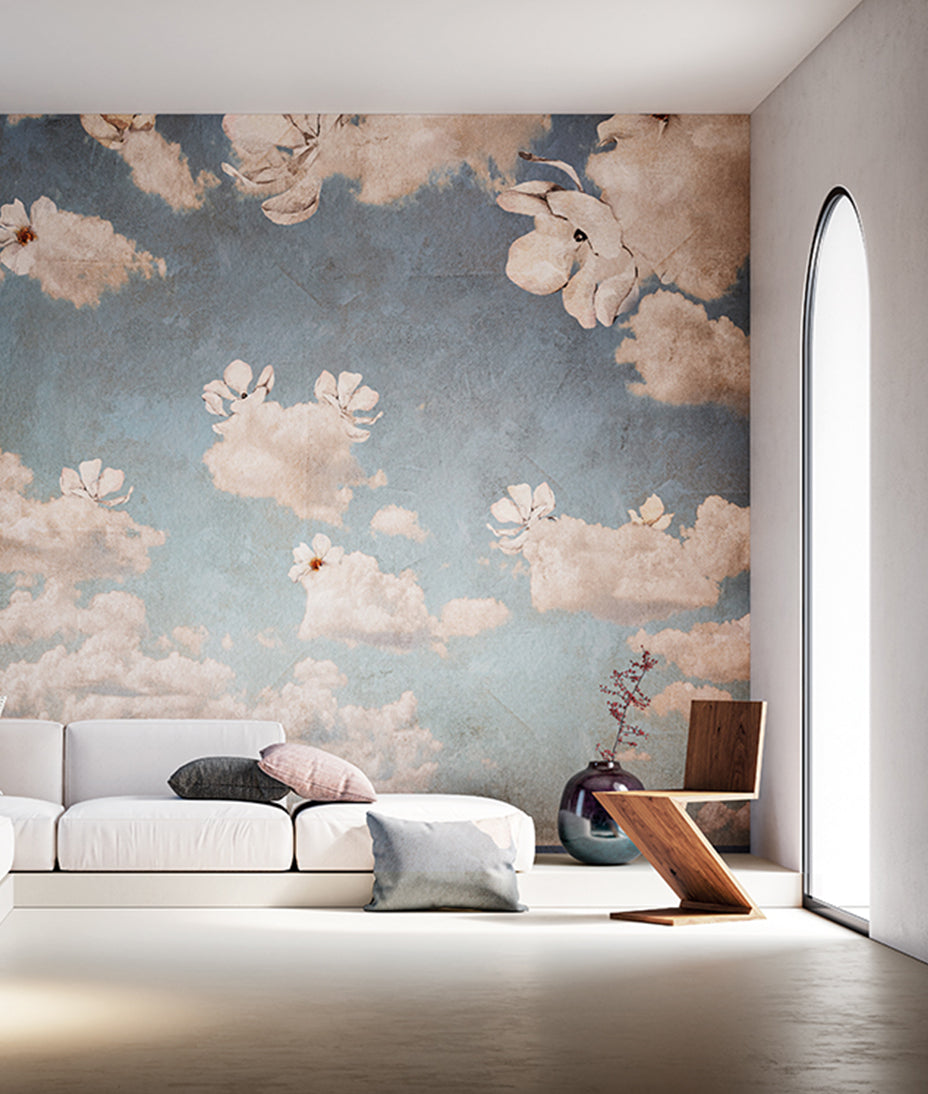 Pintura Rústica Flores y Nubes - Blue Sky