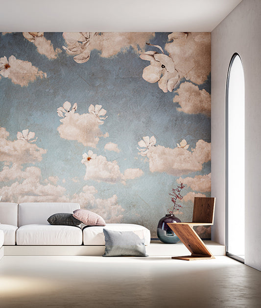 Pintura Rústica Flores y Nubes - Blue Sky