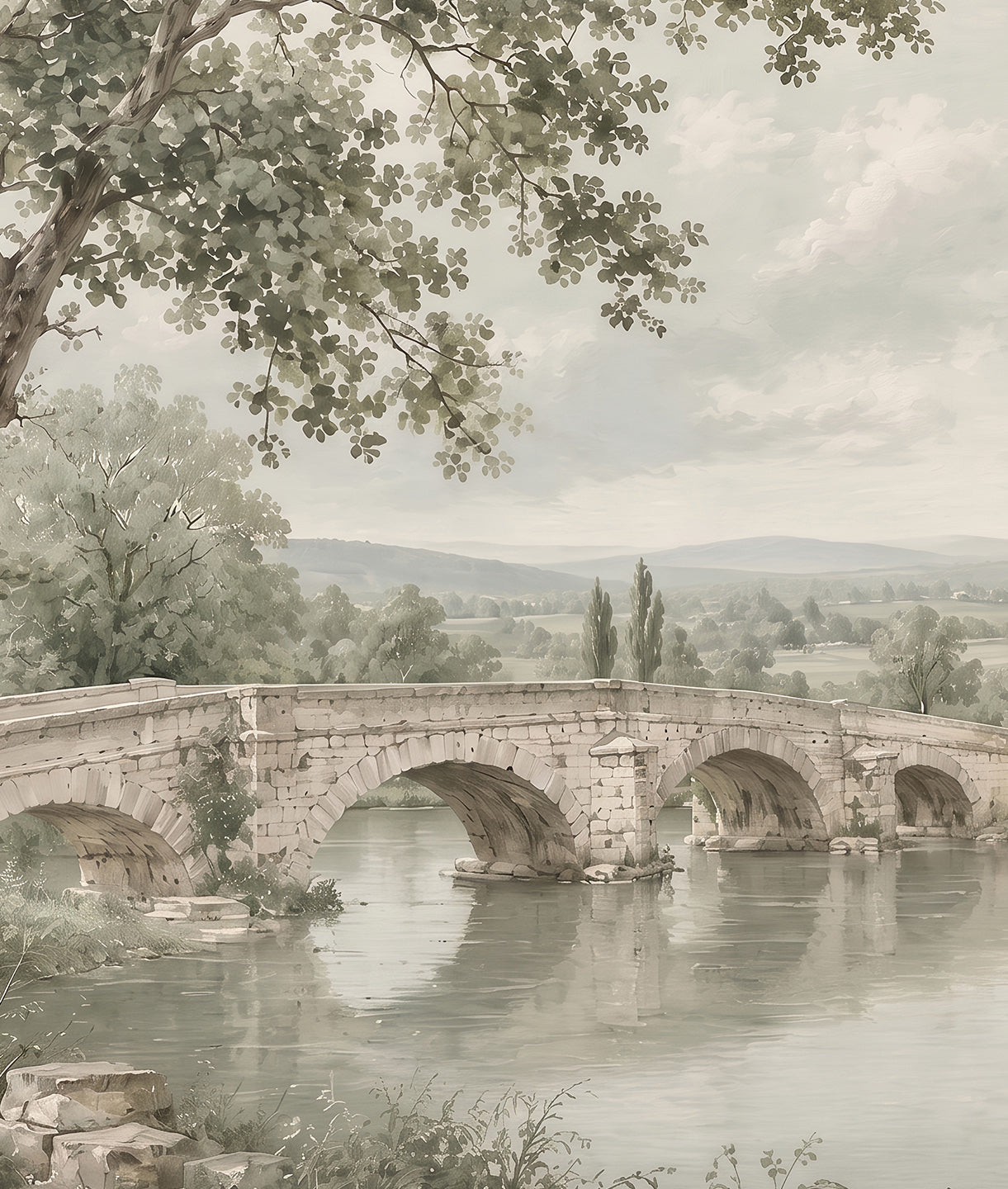 Pintura Paisaje Puente y Lago