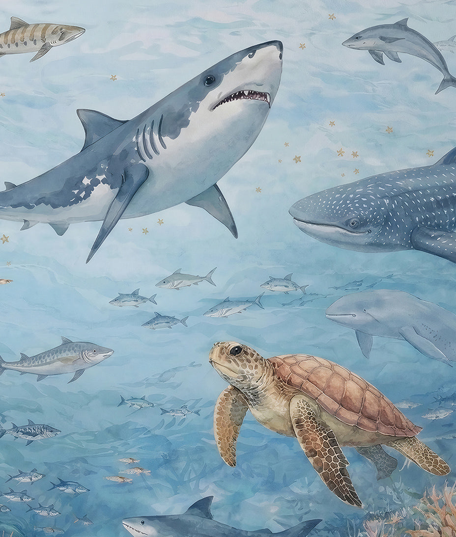 Acuarela Tiburones, Ballena y Tortuga Marina