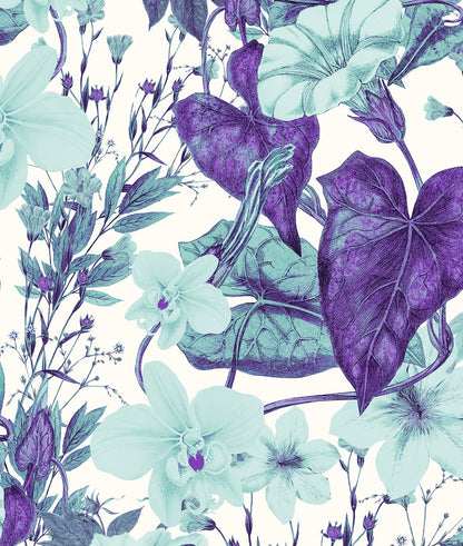Patrón de Flores Turquesa y Plantas Moradas