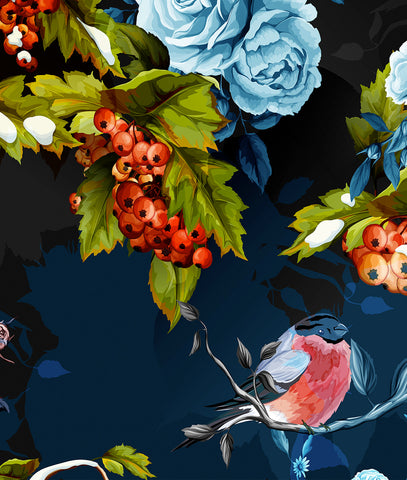 Blue Flowers, Birds and Berries
