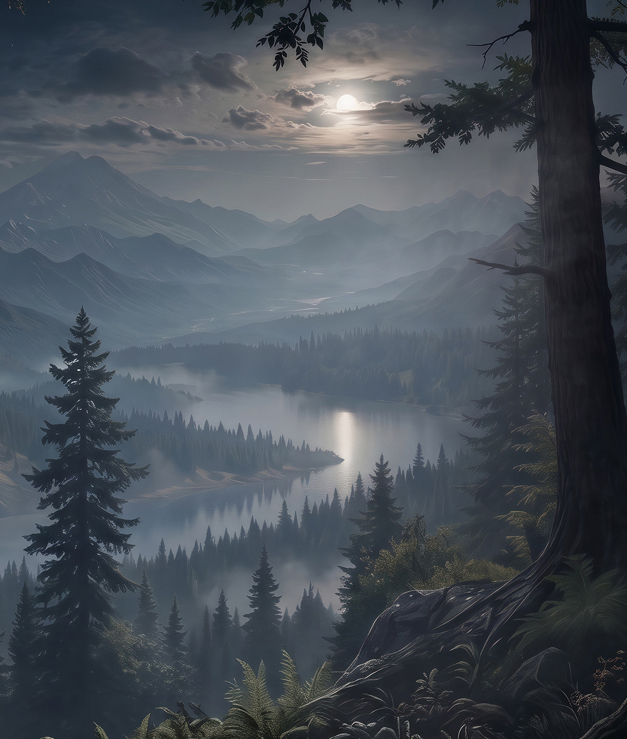 Dark Forest and Mountains in the Moonlight