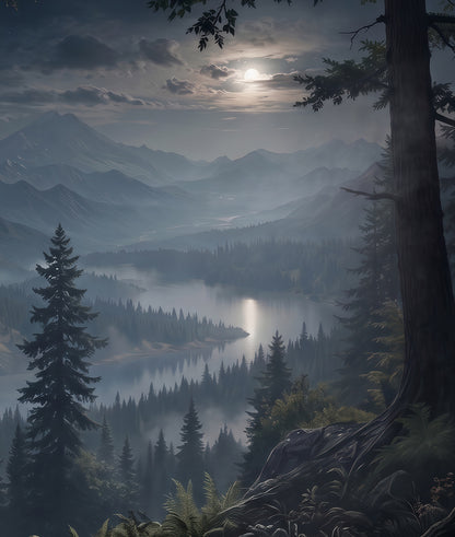 Dark Forest and Mountains in the Moonlight