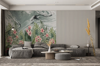 Europrint Green Marbled Floral Mural