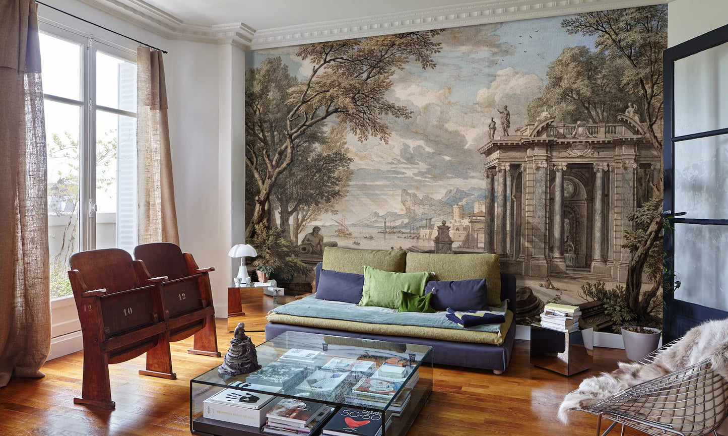 Vintage Landscape Painting of Italian Architecture
