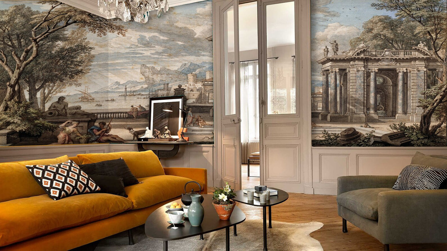 Vintage Landscape Painting of Italian Architecture