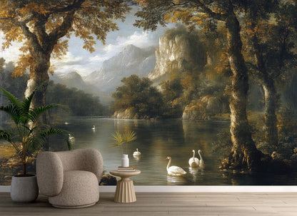 Paisaje Lago con Cisnes