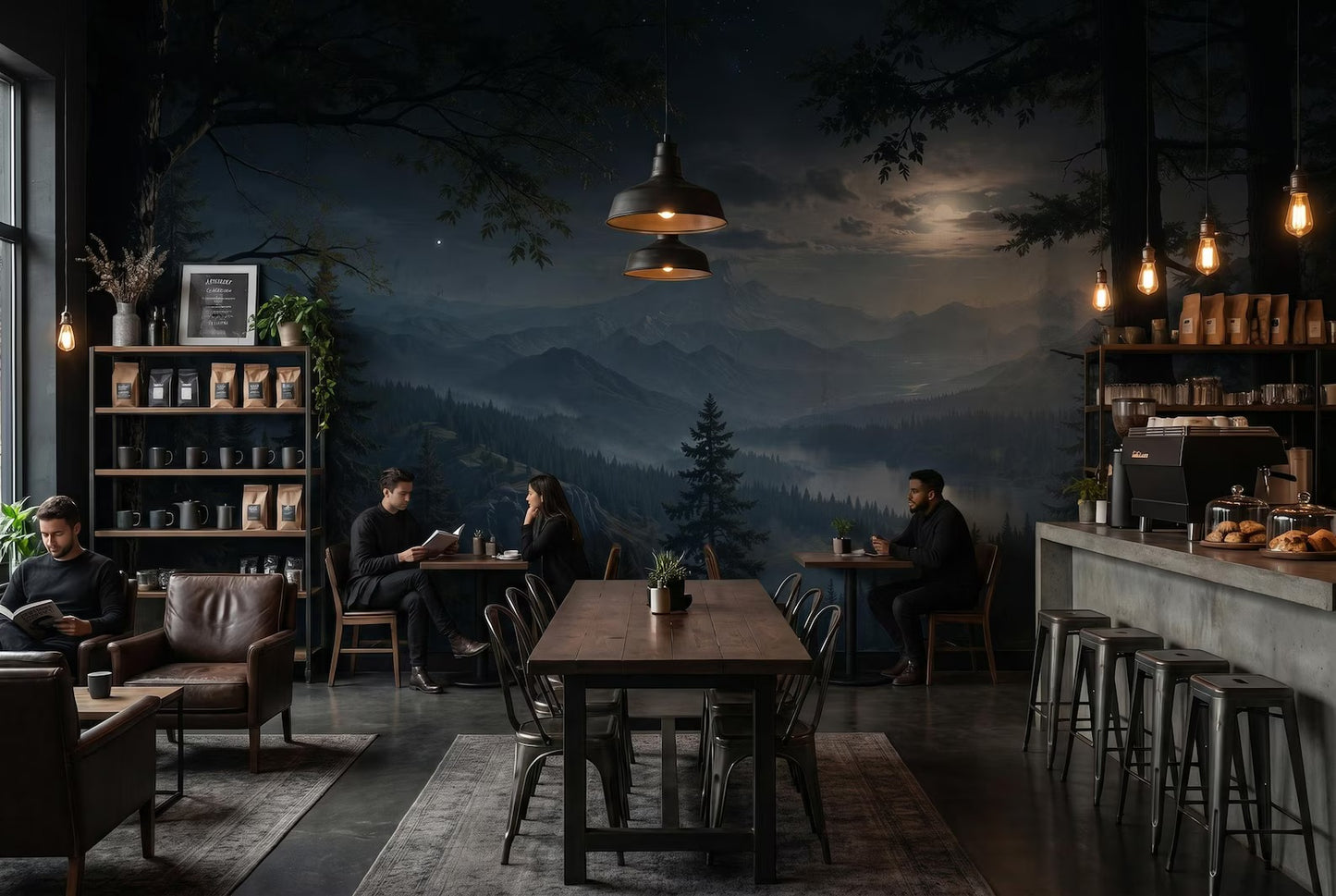 Dark Forest and Mountains in the Moonlight